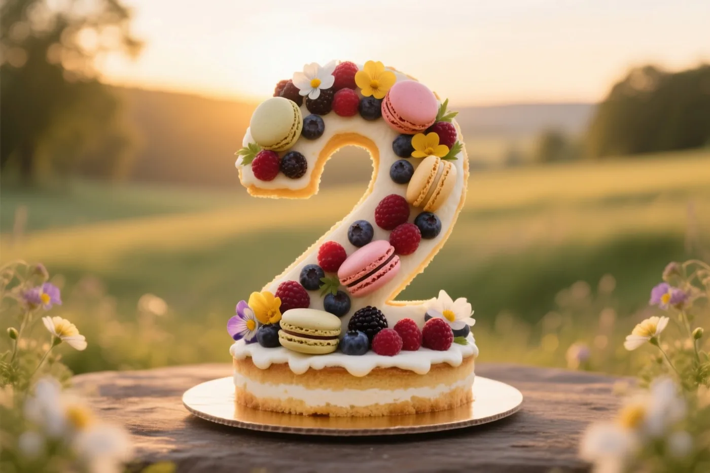 Een taart in de vorm van het cijfer 2 met bessen, macarons en eetbare bloemen staat op een houten tafel in een zonnig veld.