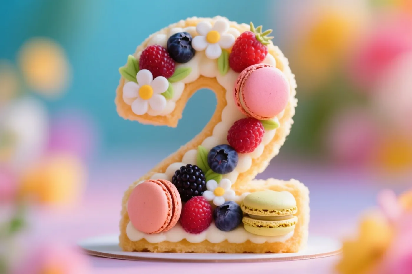 Een taart in de vorm van het cijfer 2 met frambozen, blauwe bessen, bramen, roze en groene macarons en witte eetbare bloemen staat op een wit bord tegen een wazige pastelachtergrond.