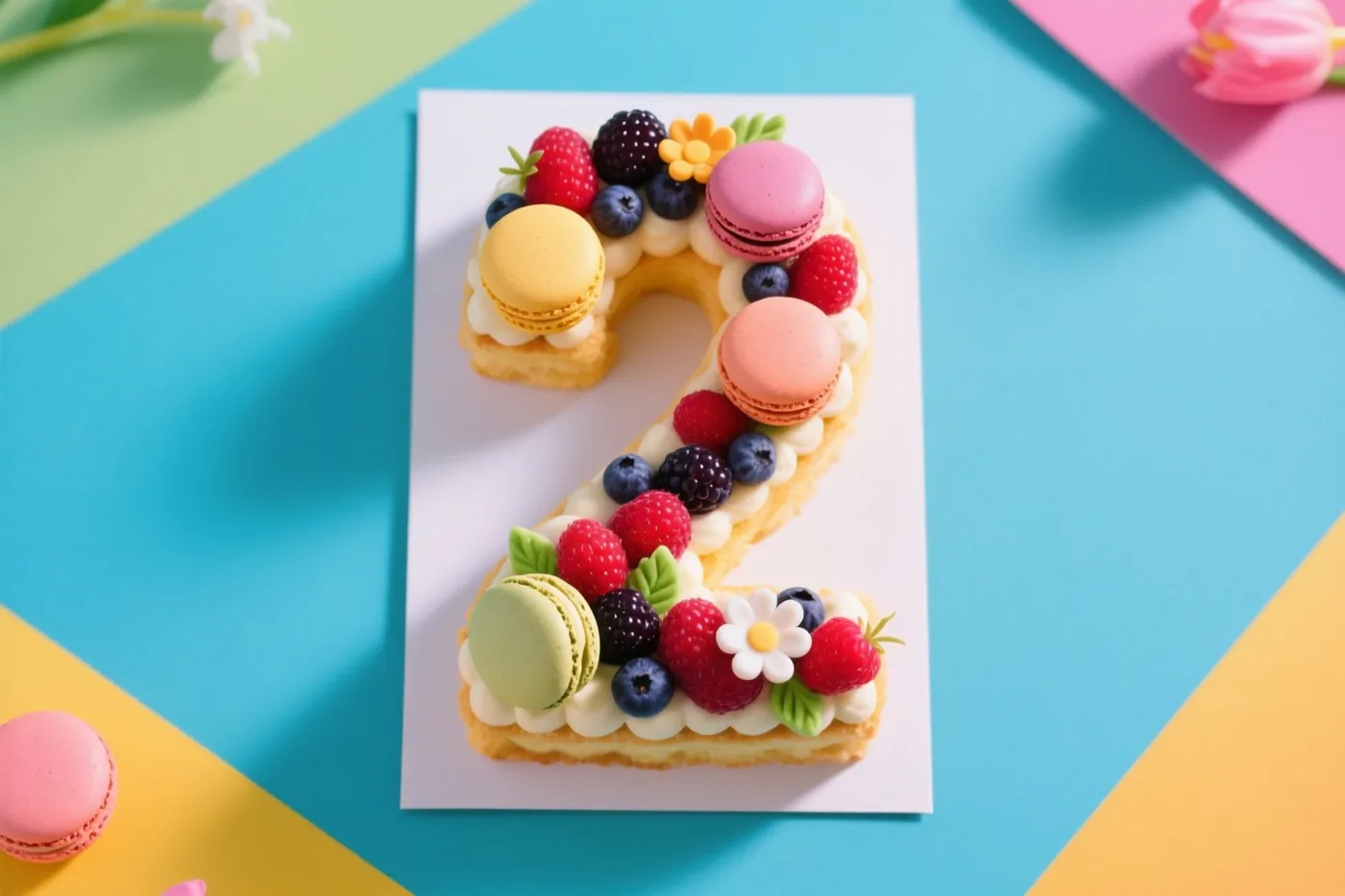 Een taart in de vorm van het cijfer 2 met bessen, macarons en eetbare bloemen staat op een wit bord tegen een geometrische achtergrond in blauw, geel en roze.