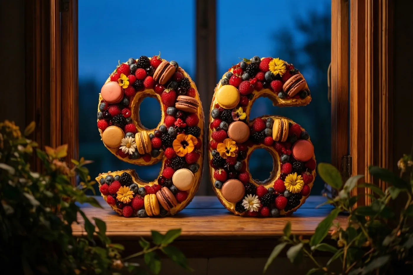 Een taart in de vorm van 96 met bessen, macarons en eetbare bloemen staat op een houten vensterbank tegen een blauwe schemerlucht, omlijst door groen.