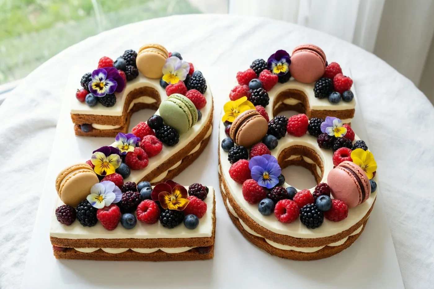 Twee gelaagde cijfertaarten vormen 26 en zijn versierd met frambozen, bramen, blauwe bessen, macarons en eetbare bloemen op een wit tafelkleed bij een raam.