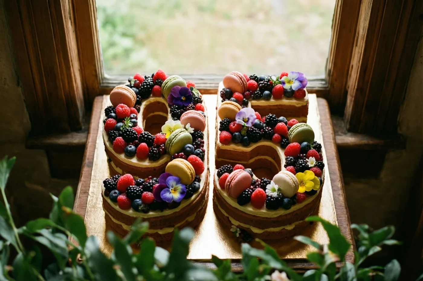 Twee cijfertaarten vormen 95 op een houten oppervlak bij een raam en zijn versierd met bessen, macarons en eetbare bloemen, met groen op de voorgrond.