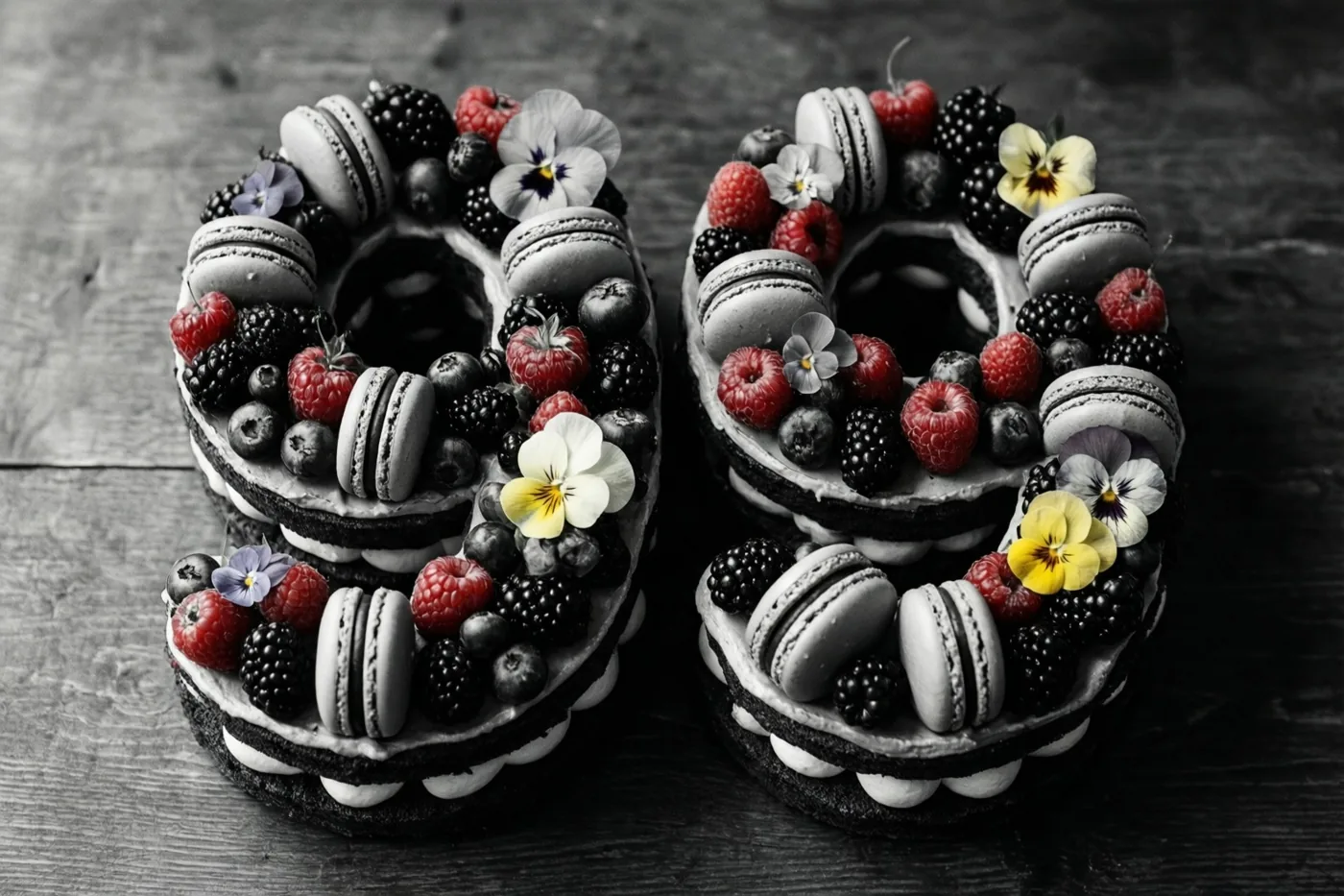 Twee taarten vormen samen 99 op een donker houten oppervlak, met bessen, macarons en eetbare bloemen waarvan de kleuren afsteken tegen de zwart-witte achtergrond.