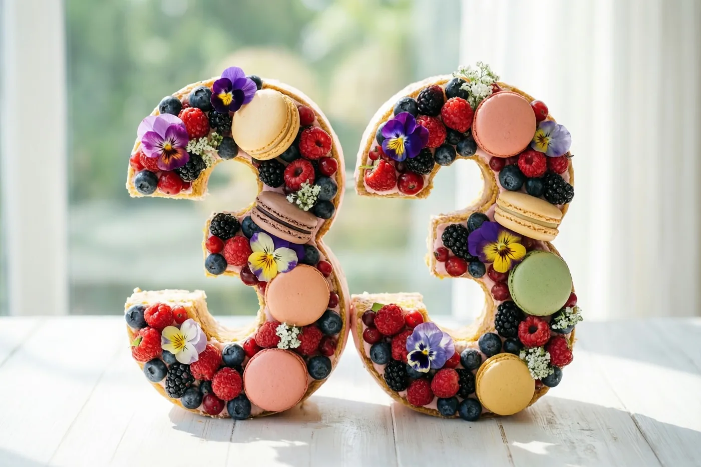 Twee grote cijfertaarten die samen 33 vormen staan op een wit houten oppervlak en zijn versierd met bessen, macarons en eetbare bloemen, met een raam op de achtergrond.