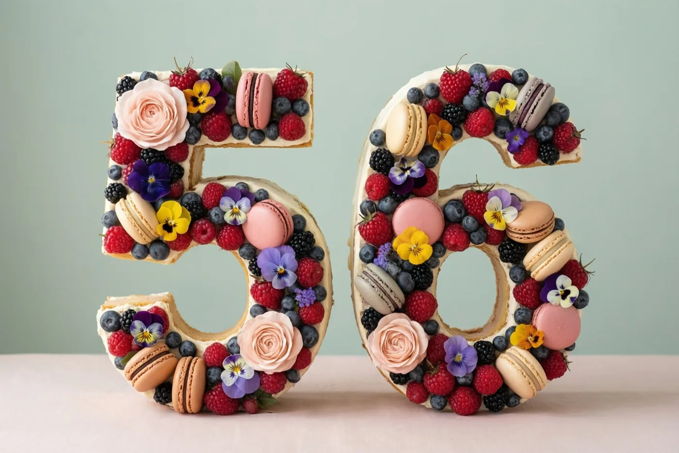 Twee grote cijfertaarten vormen 56 en zijn versierd met frambozen, bramen, blauwe bessen, macarons en eetbare bloemen, op een lichtroze oppervlak tegen een lichtgroene achtergrond.