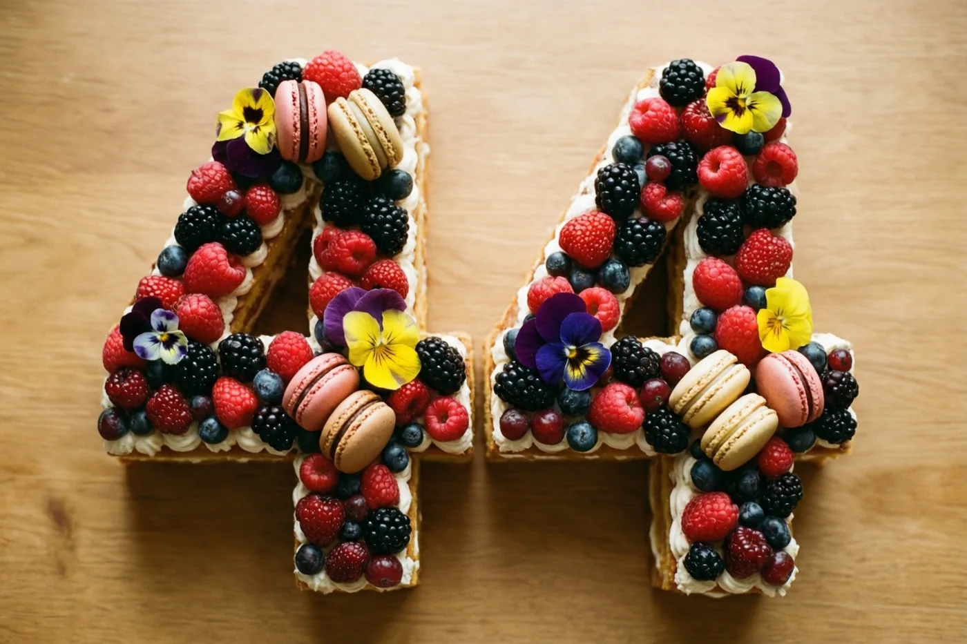 Twee taarten in de vorm van 44 staan op hout, versierd met bessen, macarons en eetbare bloemen in rode, zwarte, blauwe en gele tinten.