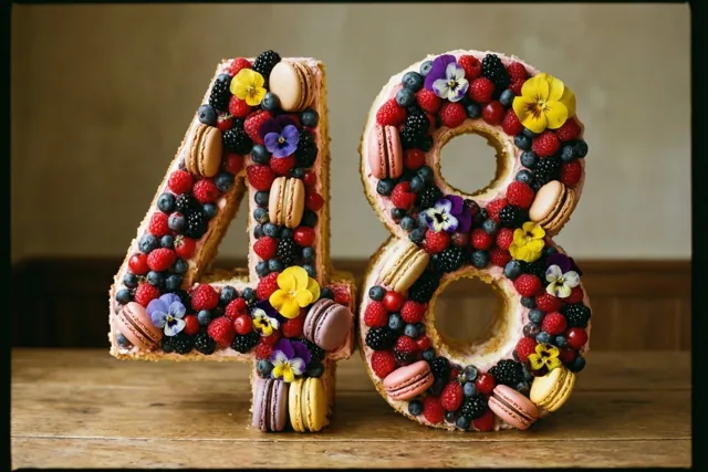 Twee grote taarten in de vorm van 4 en 8 staan op een houten ondergrond en zijn versierd met bessen, macarons en eetbare bloemen in rode, roze en gele tinten.
