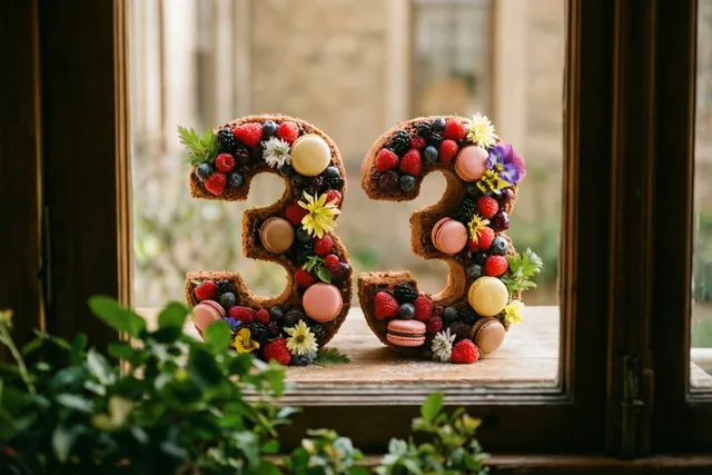 Twee grote cijfertaarten die samen 33 vormen staan op een houten vensterbank, versierd met bessen, macarons en eetbare bloemen, met groen op de voorgrond.