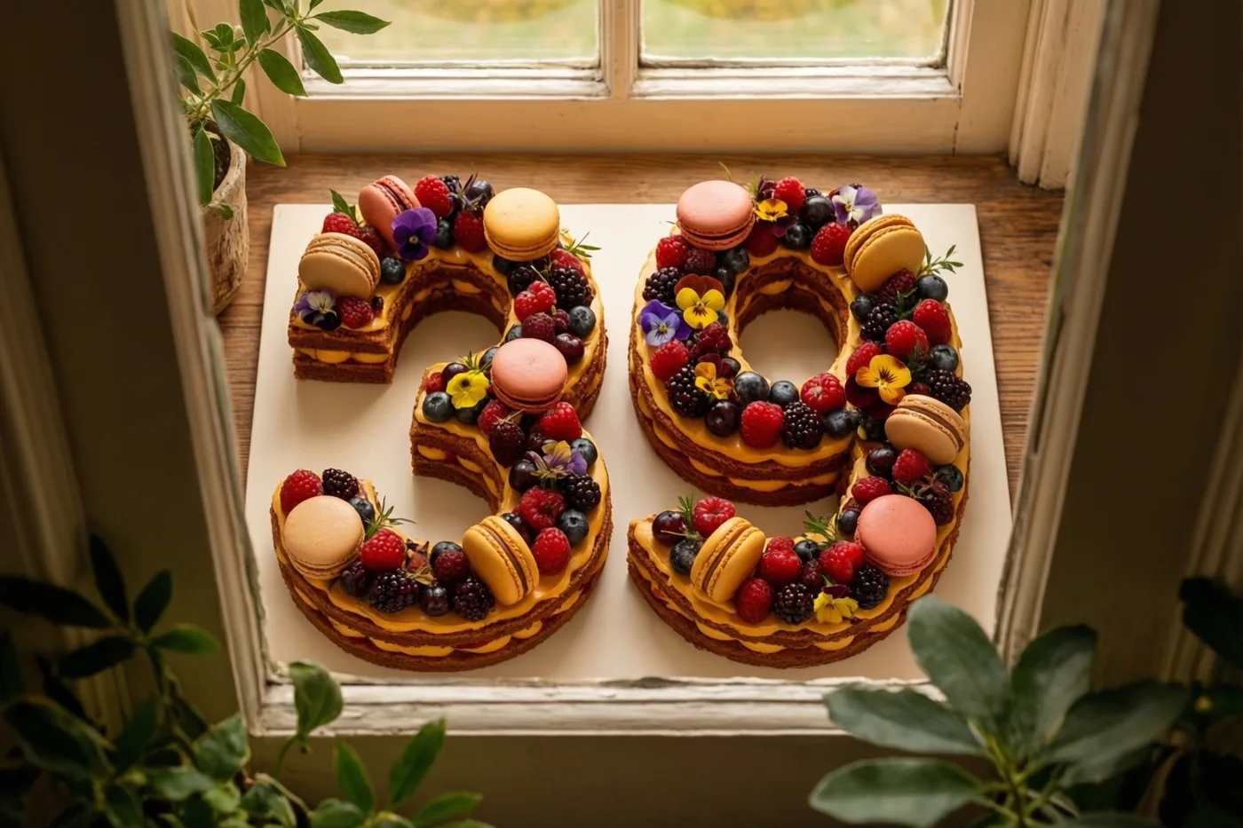 Twee taarten vormen samen 39 op een vensterbank en zijn versierd met bessen, macarons en eetbare bloemen, met groene planten ernaast.