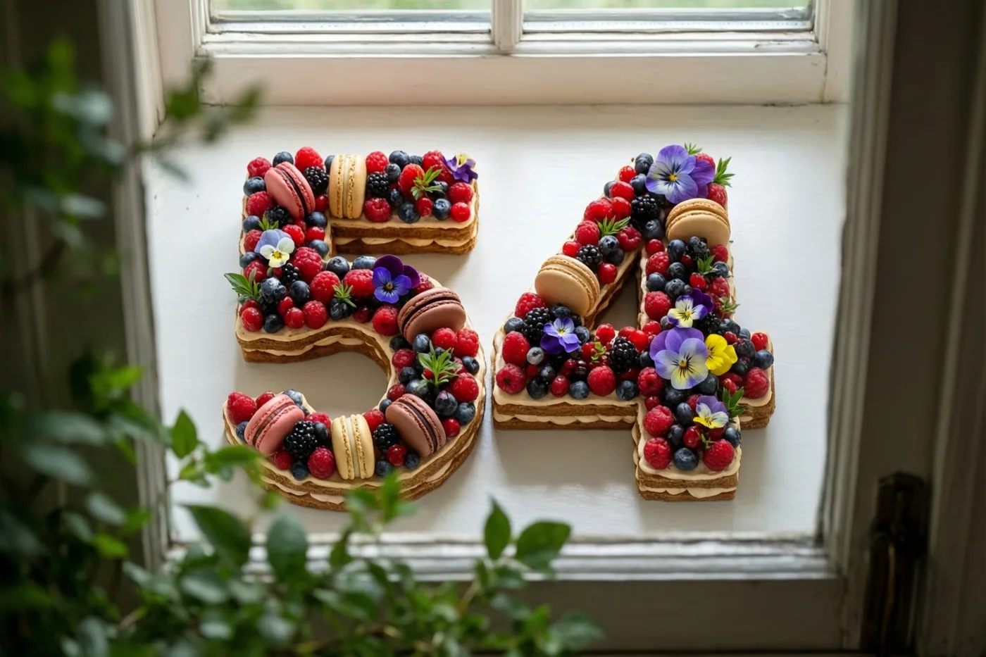 Twee taarten in de vorm van 5 en 4 staan op een vensterbank, versierd met bessen, macarons en eetbare bloemen, met groen op de voorgrond.