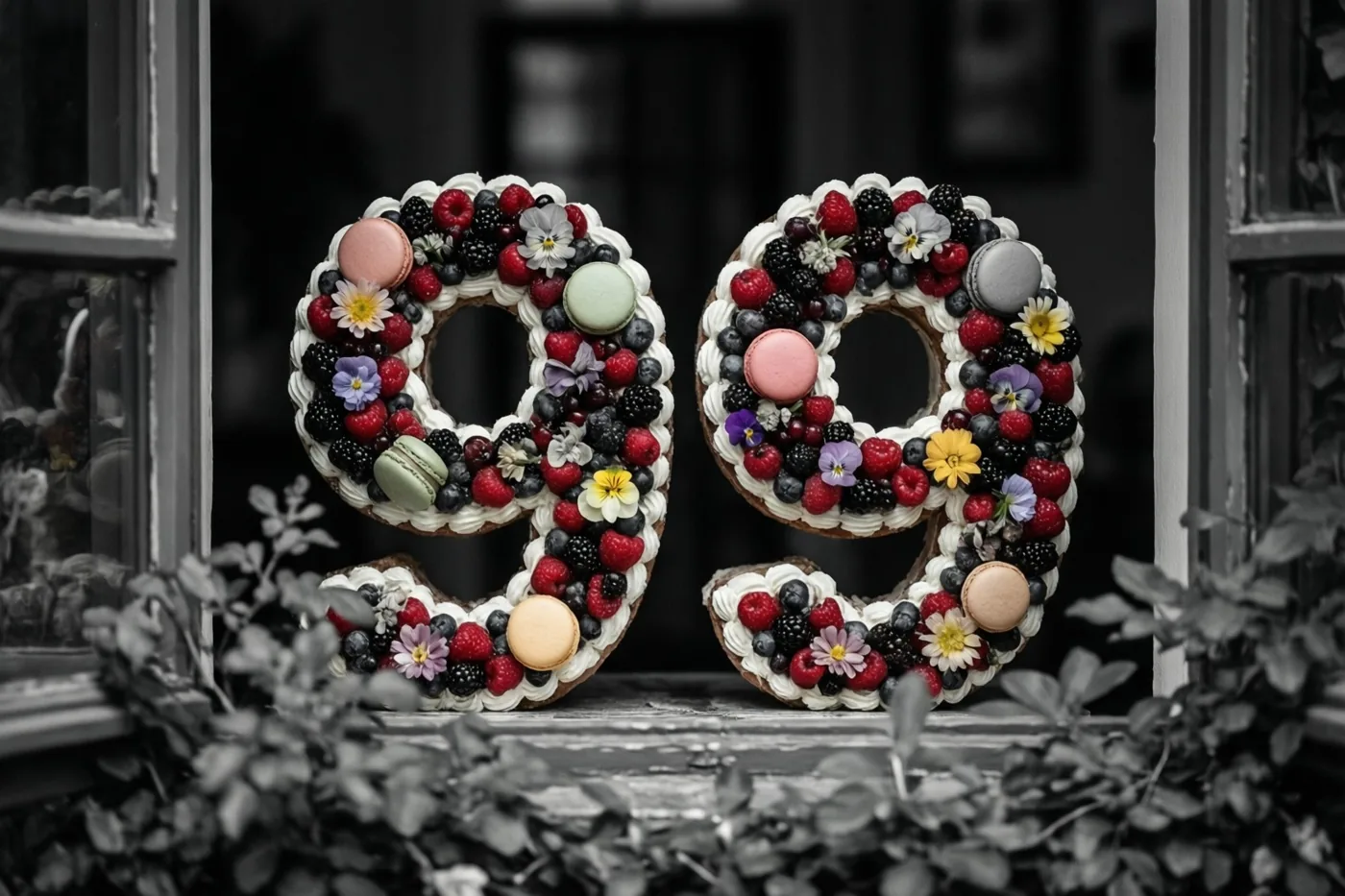 Twee taarten in de vorm van een negen staan op een vensterbank, versierd met bessen, macarons en eetbare bloemen die kleur brengen tegen een zwart-witte achtergrond.