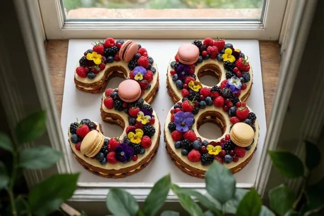 Twee taarten in de vorm van 3 en 8 staan op een vensterbank, versierd met bessen, macarons en eetbare bloemen, met groen op de voorgrond in natuurlijk licht.