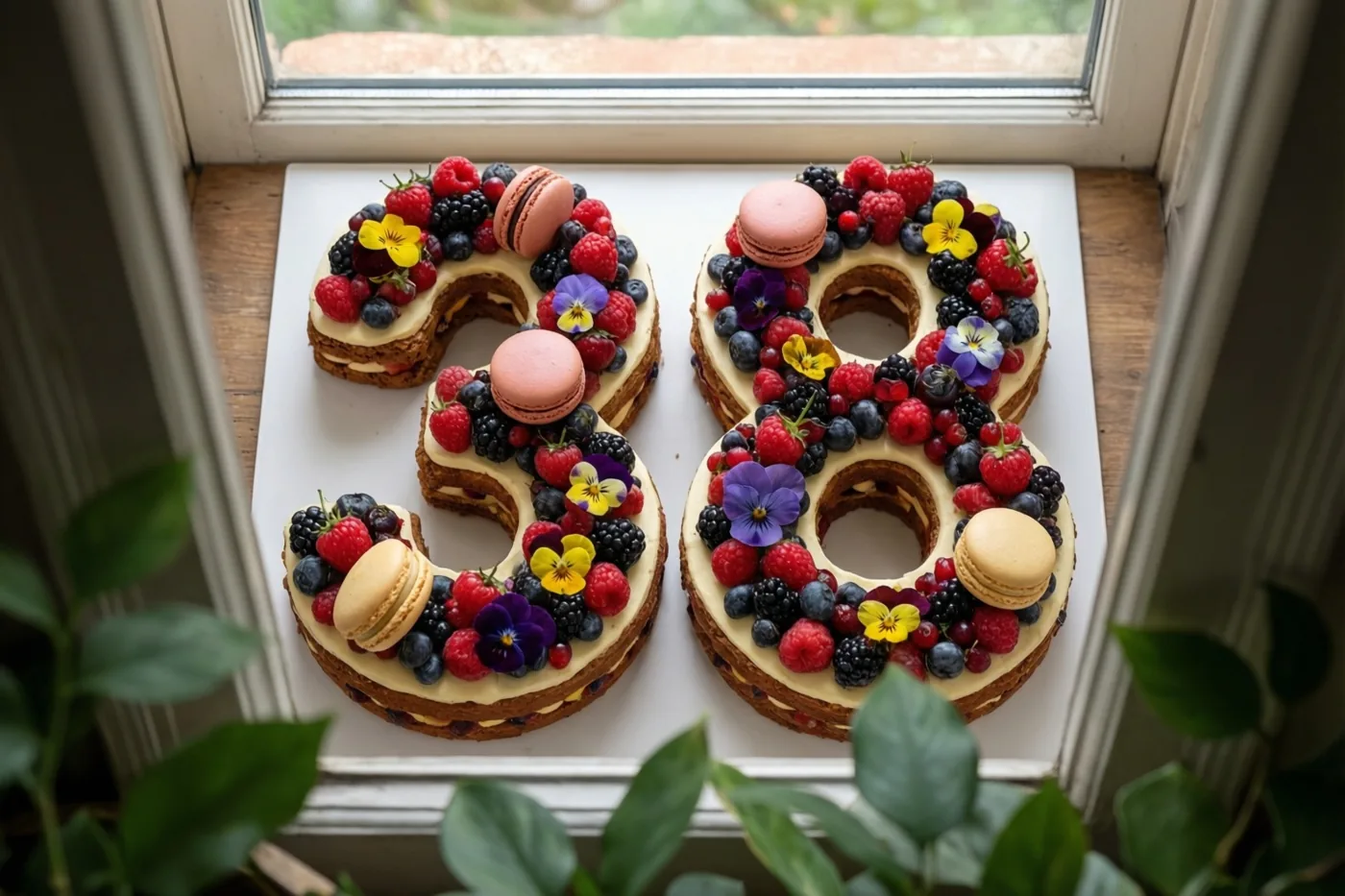 Twee taarten in de vorm van 3 en 8 staan op een vensterbank, versierd met bessen, macarons en eetbare bloemen, met groen op de voorgrond in natuurlijk licht.