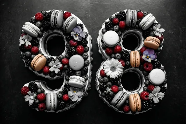 Van bovenaf zijn twee cijfertaarten 9 en 8 te zien, versierd met bessen, macarons en eetbare bloemen op een donkere ondergrond.