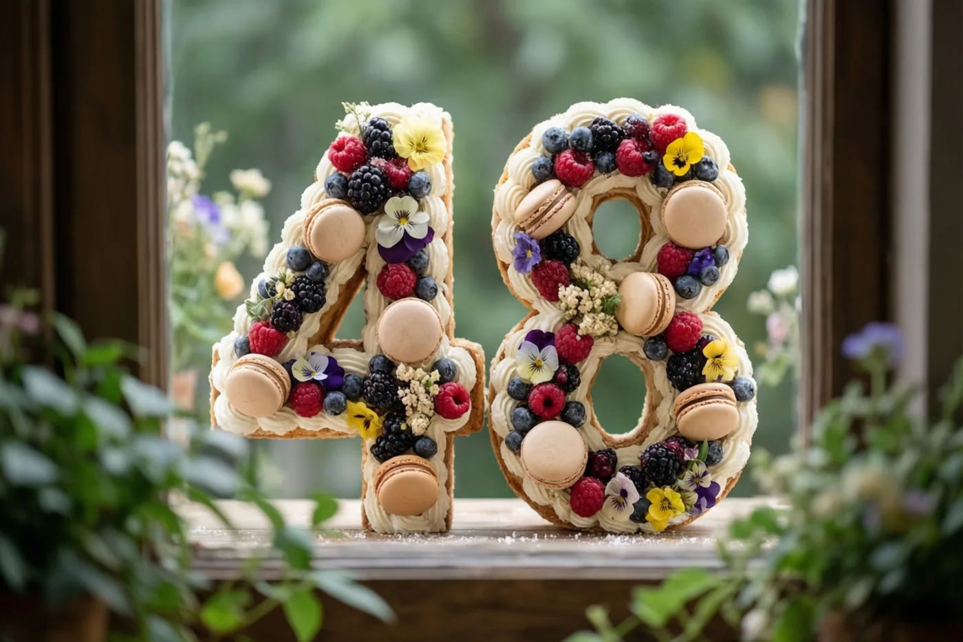 Twee taarten in de vorm van 4 en 8 staan op een houten vensterbank, versierd met bessen, macarons en eetbare bloemen en met groen ervoor en erachter.