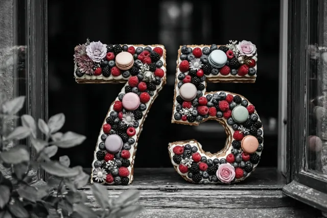 Twee cijfertaarten vormen 75 op een houten vensterbank, versierd met bessen, macarons en eetbare bloemen, tegen een donkere wazige achtergrond met gebladerte in zwart-wit vooraan.