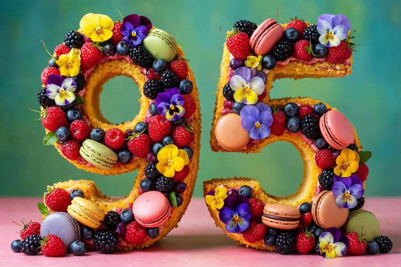Twee grote taarten in de vorm van 9 en 5 zijn versierd met bessen, macarons en eetbare bloemen op een roze ondergrond tegen een zachtgroene achtergrond.