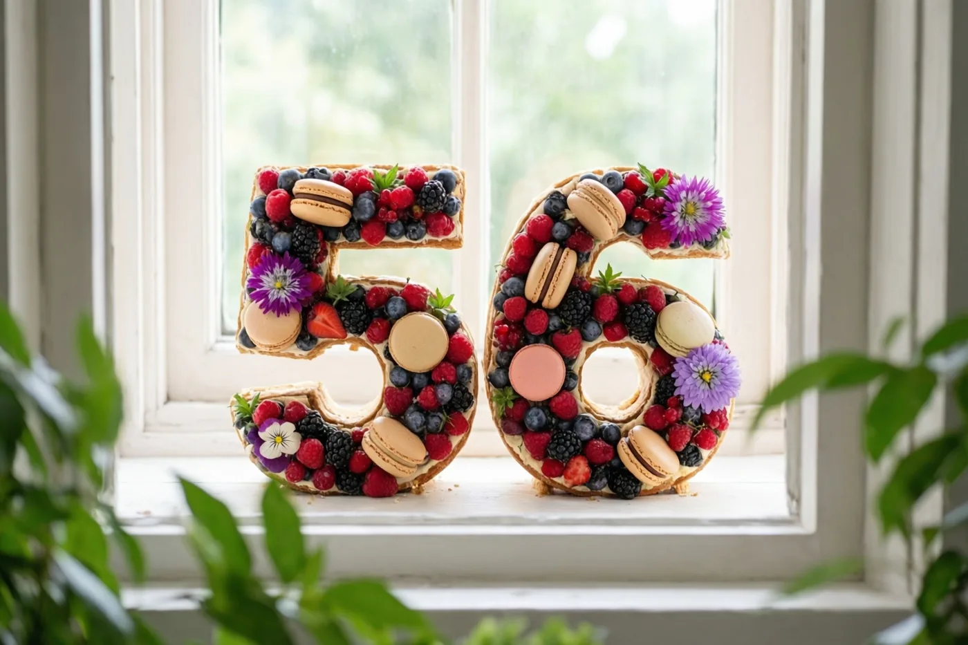 Twee taarten in de vorm van 5 en 6 staan op een witte vensterbank, versierd met bessen, macarons en eetbare bloemen, met groen op de voorgrond.