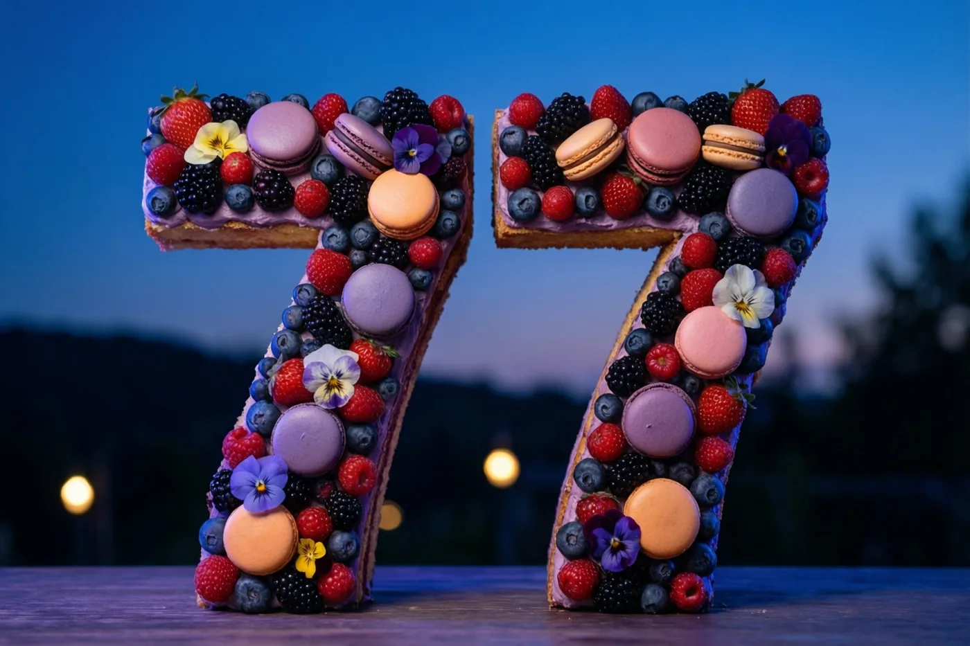 Twee rechtopstaande taarten in de vorm van een zeven zijn versierd met bessen, macarons en eetbare bloemen tegen een schemerlucht.