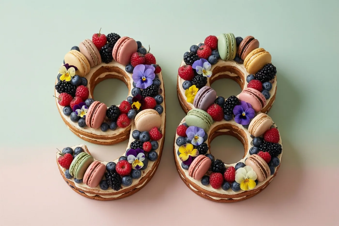 Twee taarten in de vorm van 9 en 8 zijn versierd met bessen, macarons en eetbare bloemen tegen een achtergrond met roze, mintgroene en crèmekleurige pasteltinten.