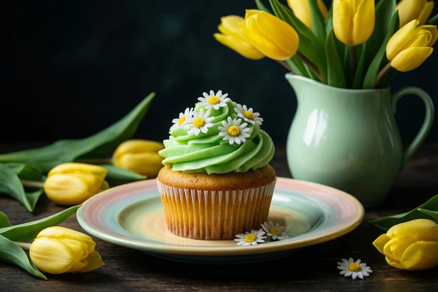 Een citroencupcake met groen glazuur en suikermadeliefjes staat op een bord met een pastelkleurige rand, tussen gele tulpen in een groene kan en losse tulpen op donker hout.