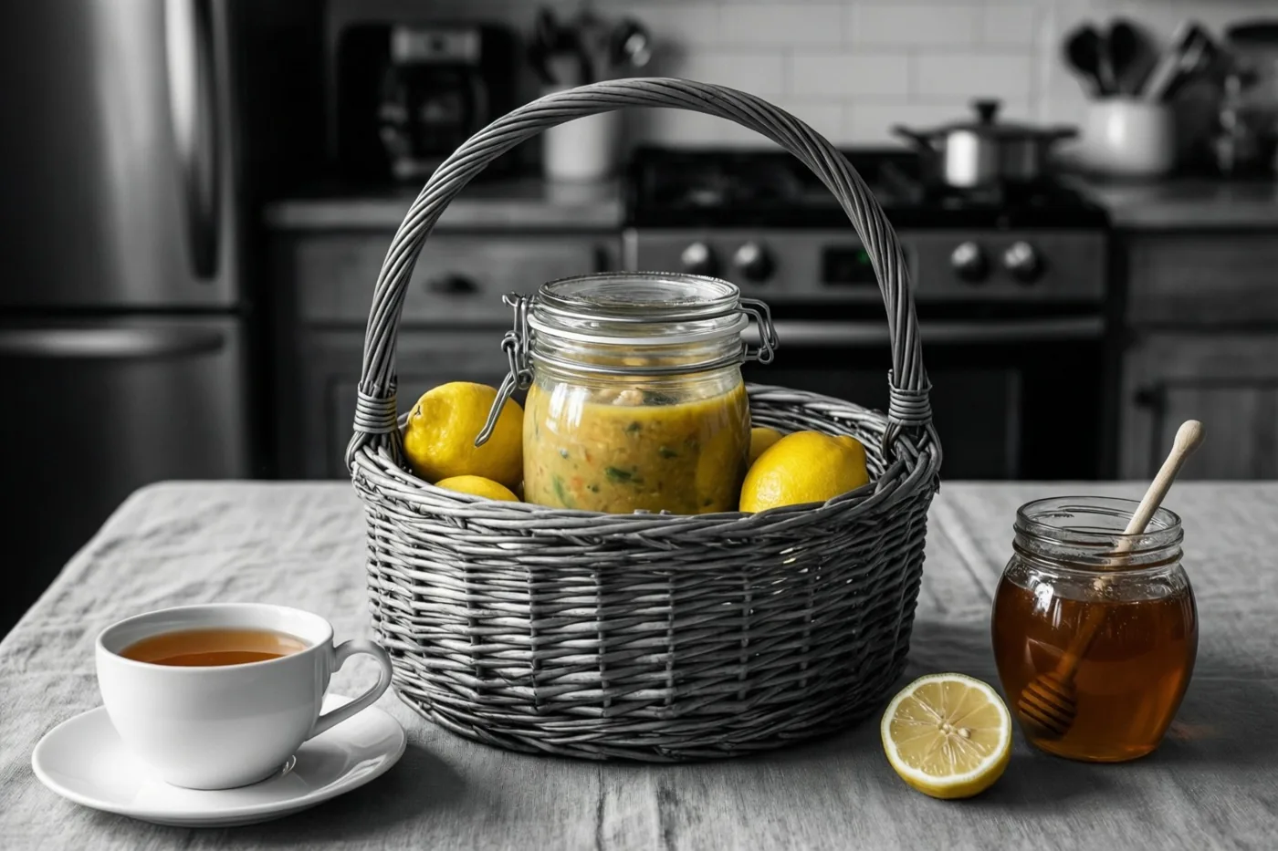 Een rieten mand met een pot soep, citroenen en een kop thee staat naast een pot honing op een keukentafel, met gele kleuraccenten tegen een zwart-witte keukenachtergrond.
