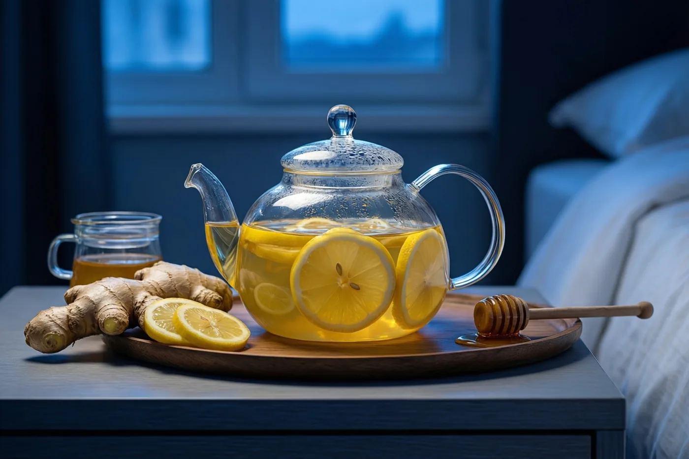 Een glazen theepot met citroenschijfjes staat met verse gember, losse citroenschijfjes en een honinglepel op een houten dienblad op een nachttafeltje, met een raam en bed op de achtergrond.
