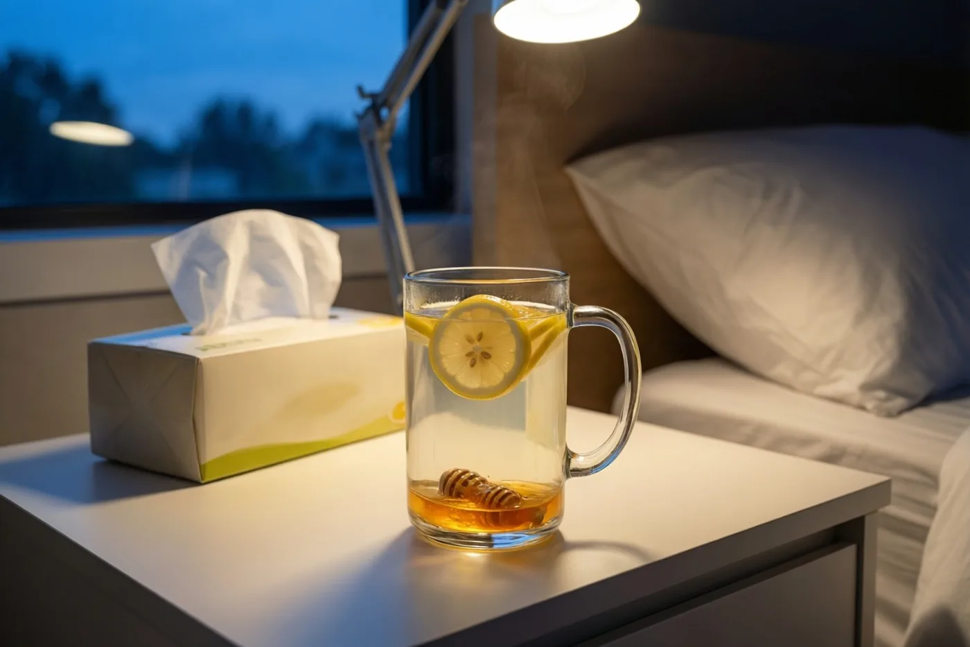 Een glazen mok dampend citroenwater met honing en een citroenschijfje staat naast een doos zakdoekjes op een wit nachtkastje, met een zacht brandende lamp en een bed op de achtergrond.