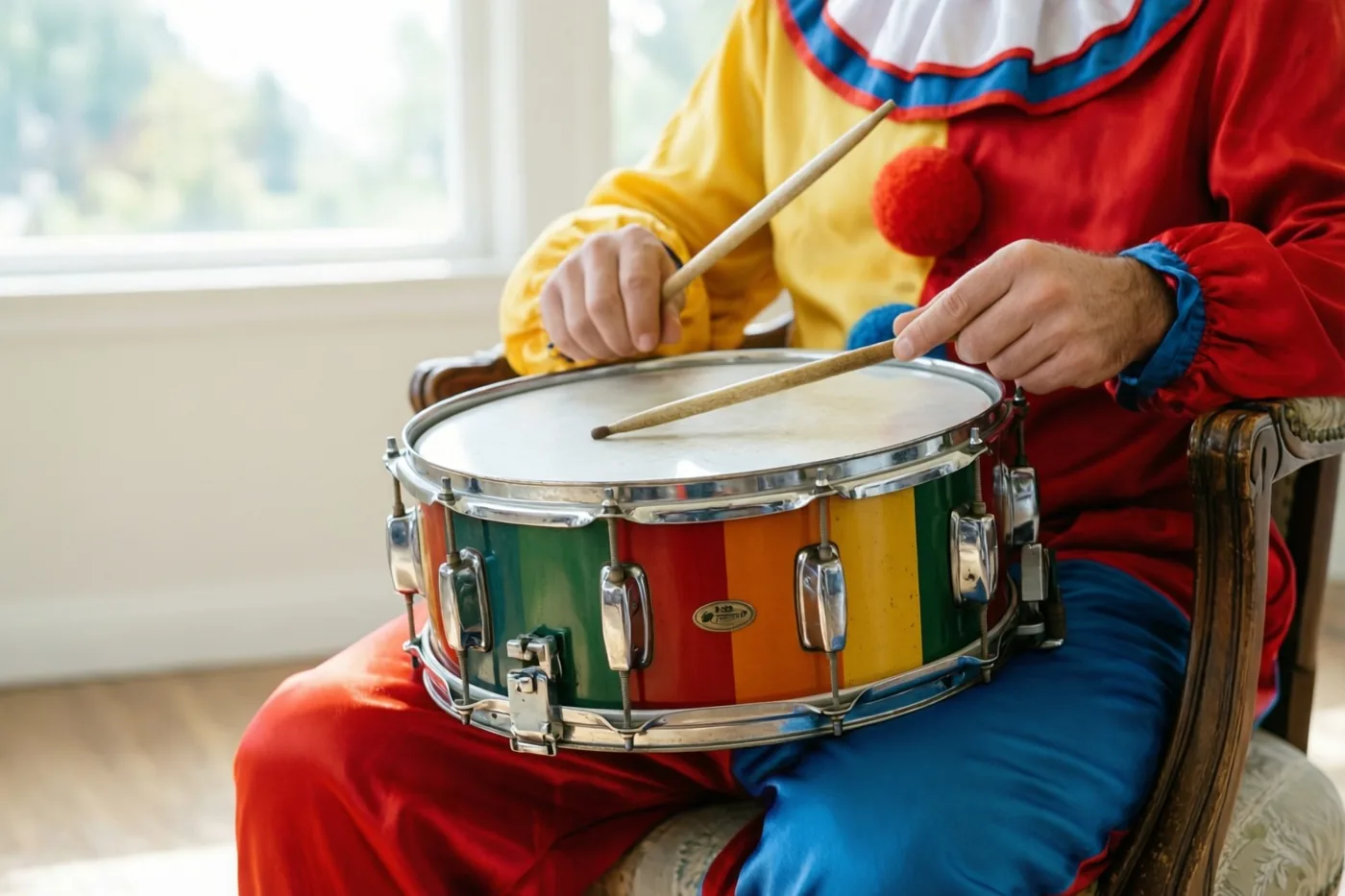 Een persoon in een kleurrijk clownskostuum in jarenzestigstijl zit op een houten stoel bij een raam en speelt op een oude trom met regenboogstrepen.