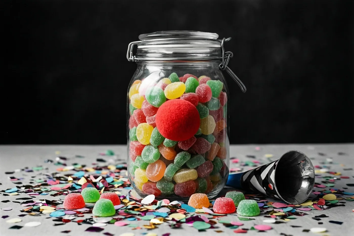 Een rode clownsneus zit in een glazen pot met kleurrijke gummisnoepjes op een tafel met confetti en een roltong, tegen een donkere achtergrond.