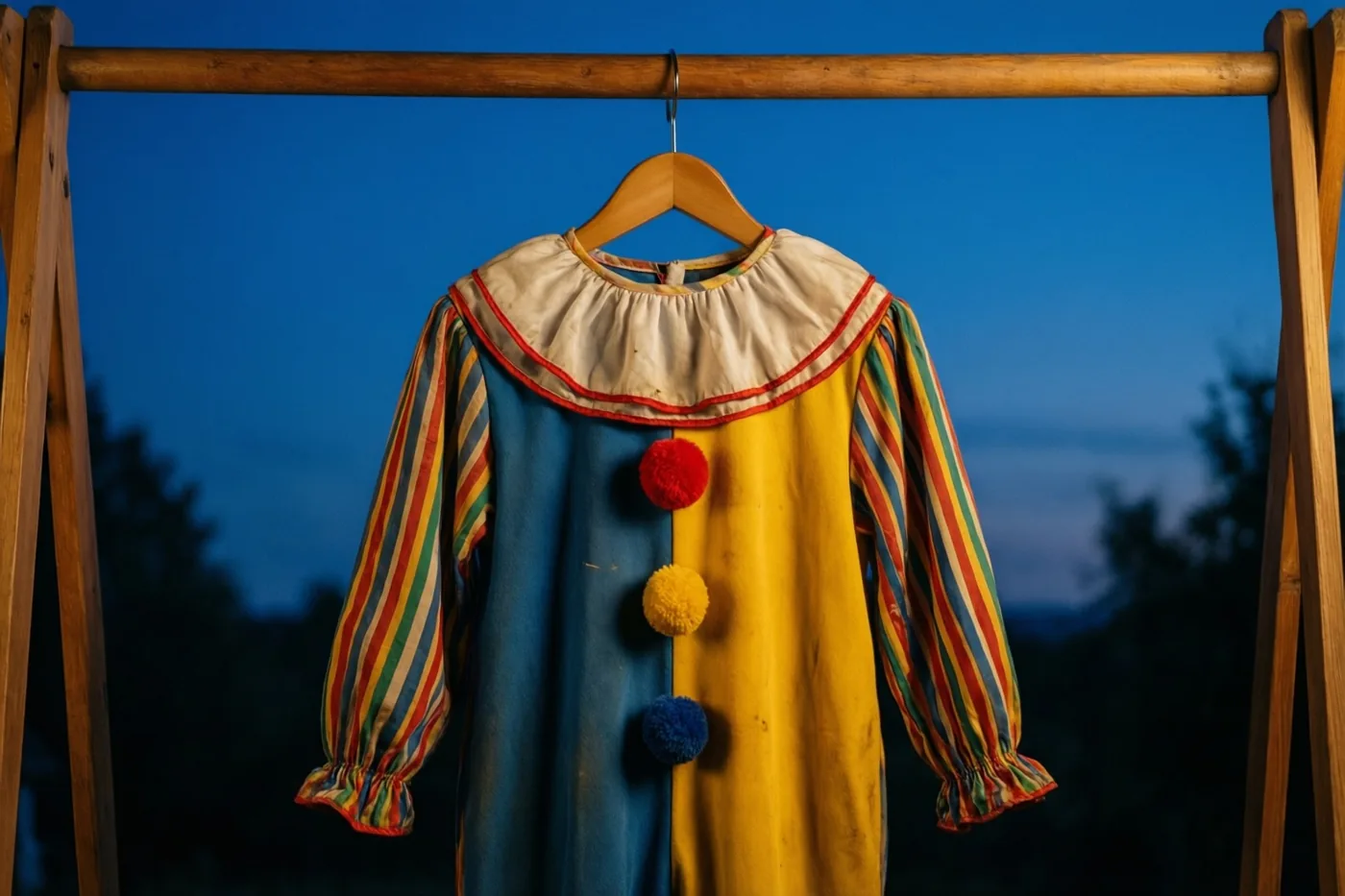 Een oud kinderclownspak met kleurrijk gestreepte mouwen en pomponknopen hangt aan een houten kleerhanger tegen een schemerlucht, met vooral blauwe, gele en rode tinten.
