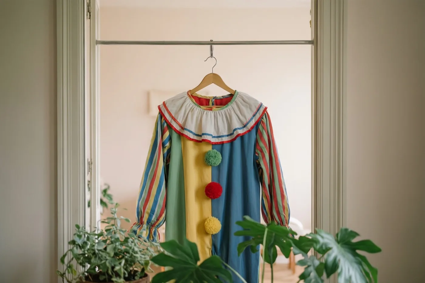 Een oud kinderclownspak met kleurrijk gestreepte mouwen en pomponknopen hangt aan een houten kleerhanger in een deuropening, met kamerplanten vooraan en pastelkleurige muren.