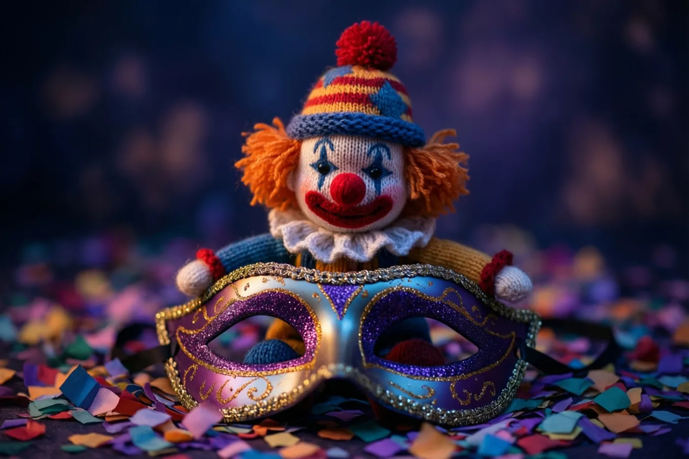 Een klein gebreid clownspopje met pomponmuts zit op een glinsterend carnavalsmasker tussen kleurrijke confetti tegen een donkere, wazige achtergrond.
