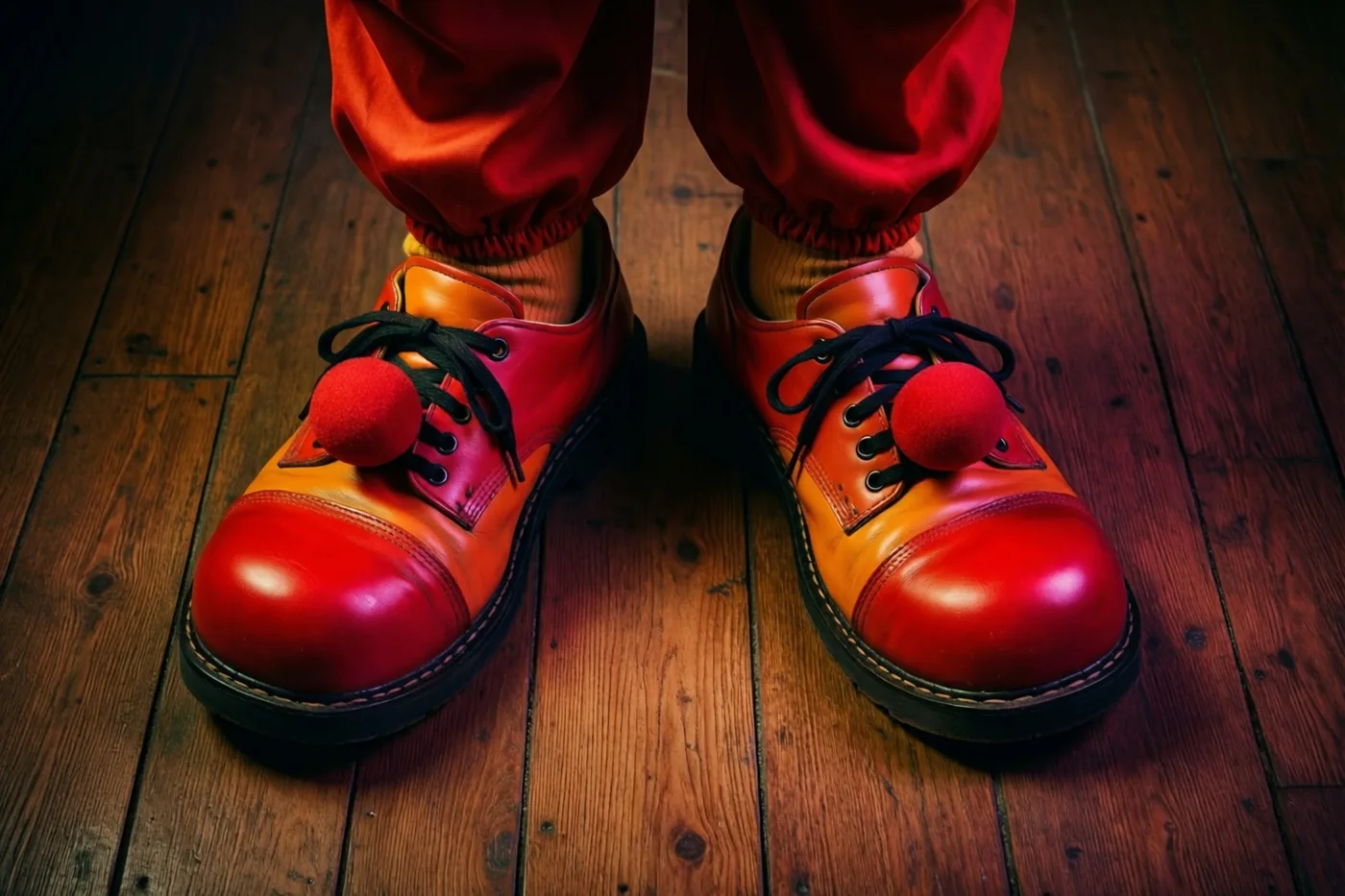 Een paar veel te grote clownsschoenen met rode pompons aan de veters wordt gedragen onder een rode broek op een houten vloer.