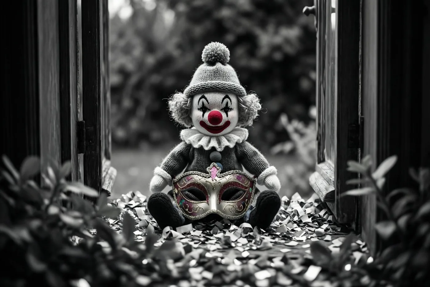 Een gebreid clownspopje met pomponmuts zit op een glinsterend masker tussen confetti in een donkere houten deuropening, met een rode neus als enige felle kleur.