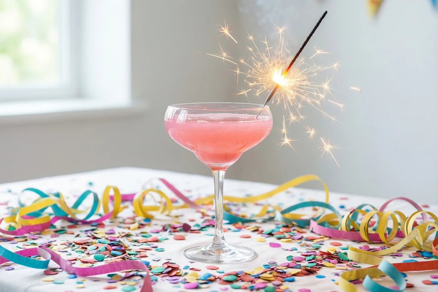 Een roze cocktail in een coupeglas met een brandend sterretje staat op een witte tafel met kleurrijke confetti en slingers bij een raam.