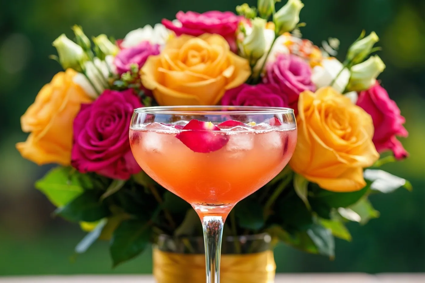 Een cocktailglas met ijs en een rozenblaadje staat buiten voor een onscherp boeket rozen tegen een zachtgroene achtergrond.