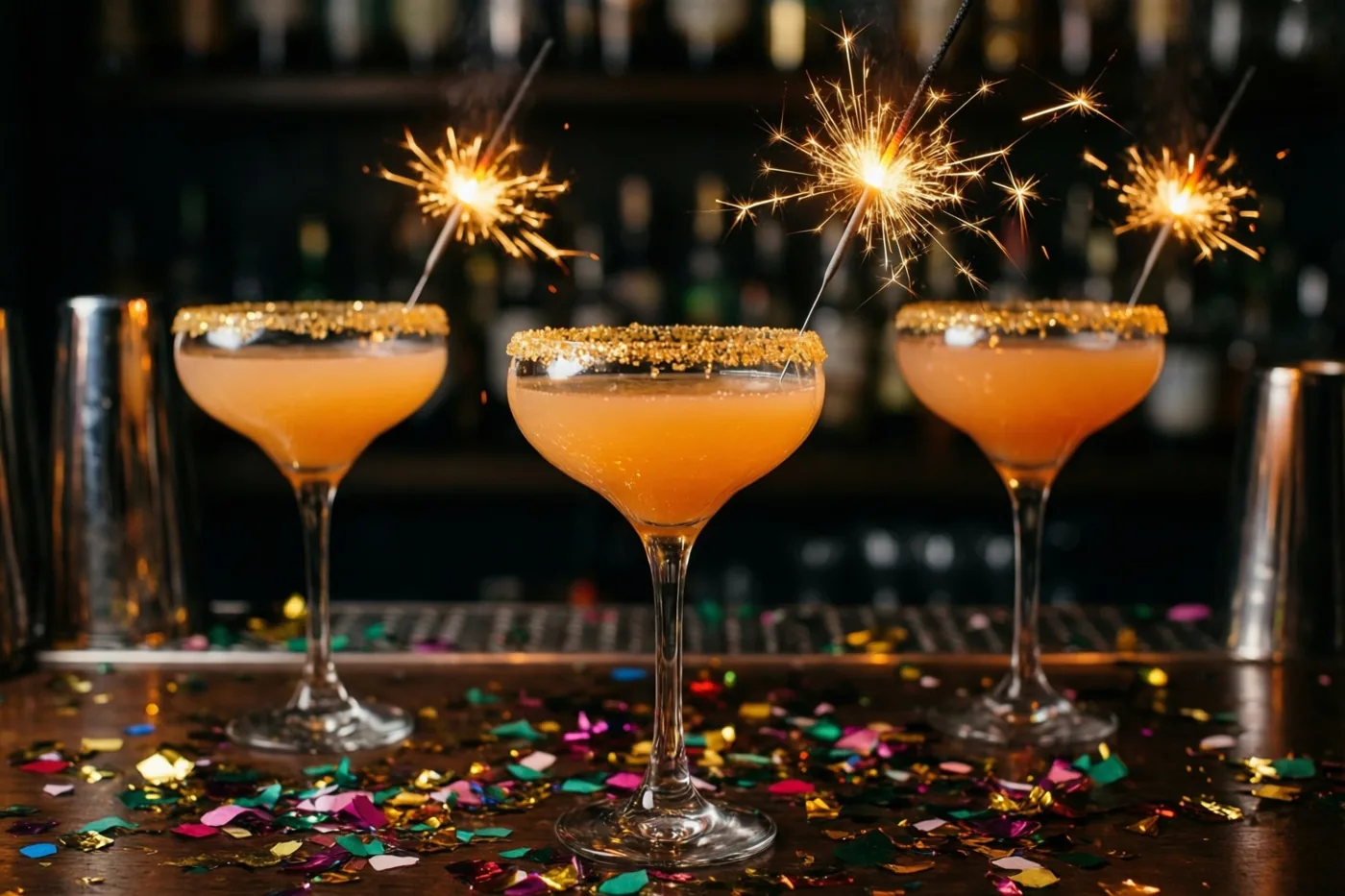 Drie cocktailglazen met gouden suikerranden en brandende sterretjes staan op een bar met kleurrijke confetti, met een donkere onscherpe bar op de achtergrond in warm licht.