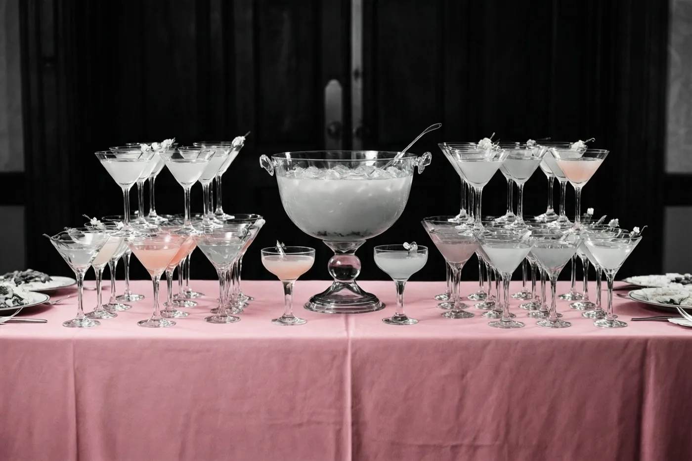 Op een tafel met een roze tafelkleed staan veel cocktailglazen rond een centrale punchschaal met ijs en drank, in de stijl van een trouwbuffet uit de jaren vijftig.