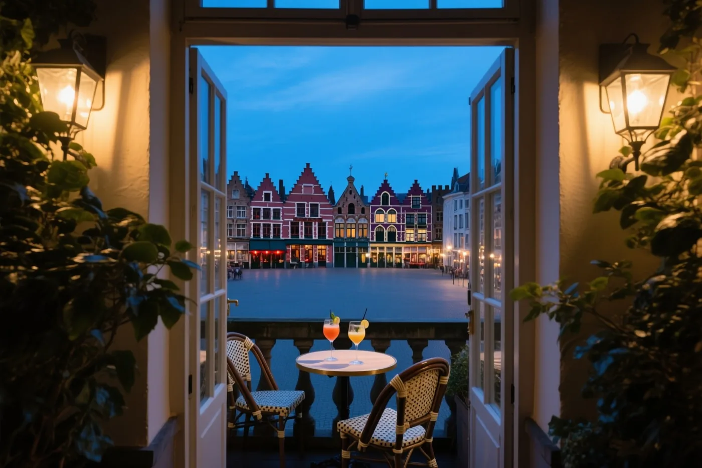 Door open terrasdeuren zijn twee cocktails op een tafel te zien met uitzicht op een Vlaams plein met kleurrijke gevelhuizen in de schemering.
