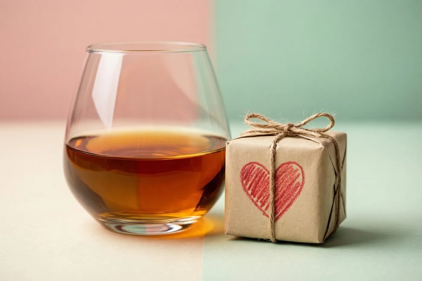 Een glas amberkleurige cognac staat naast een cadeau in bruin papier met touw en een rood waskrijthart, tegen een zachtroze en mintgroene achtergrond.