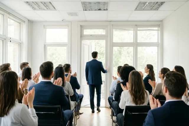 Collega's applaudisseren in een lichte vergaderruimte met grote ramen en een houten vloer voor een man in een donker pak bij de open deur.