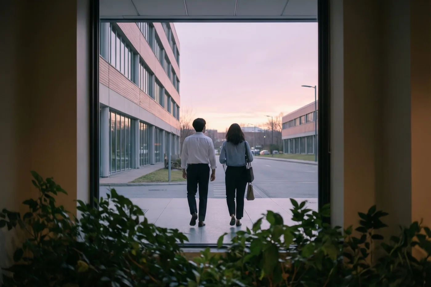 Twee collega's lopen van achteren gezien bij schemering van een kantoorgebouw naar de straat, omlijst door een raam en planten onder een roze-oranje lucht.