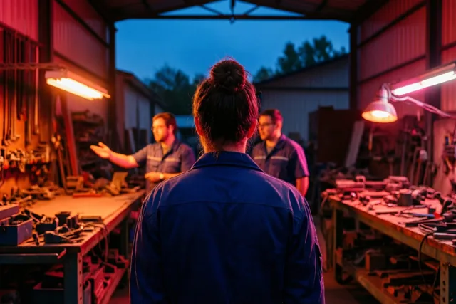 Een nieuwe medewerker staat met de rug naar de kijker in een werkplaats waar twee collega's praten en gebaren, met warm lamplicht en blauwe schemering buiten.