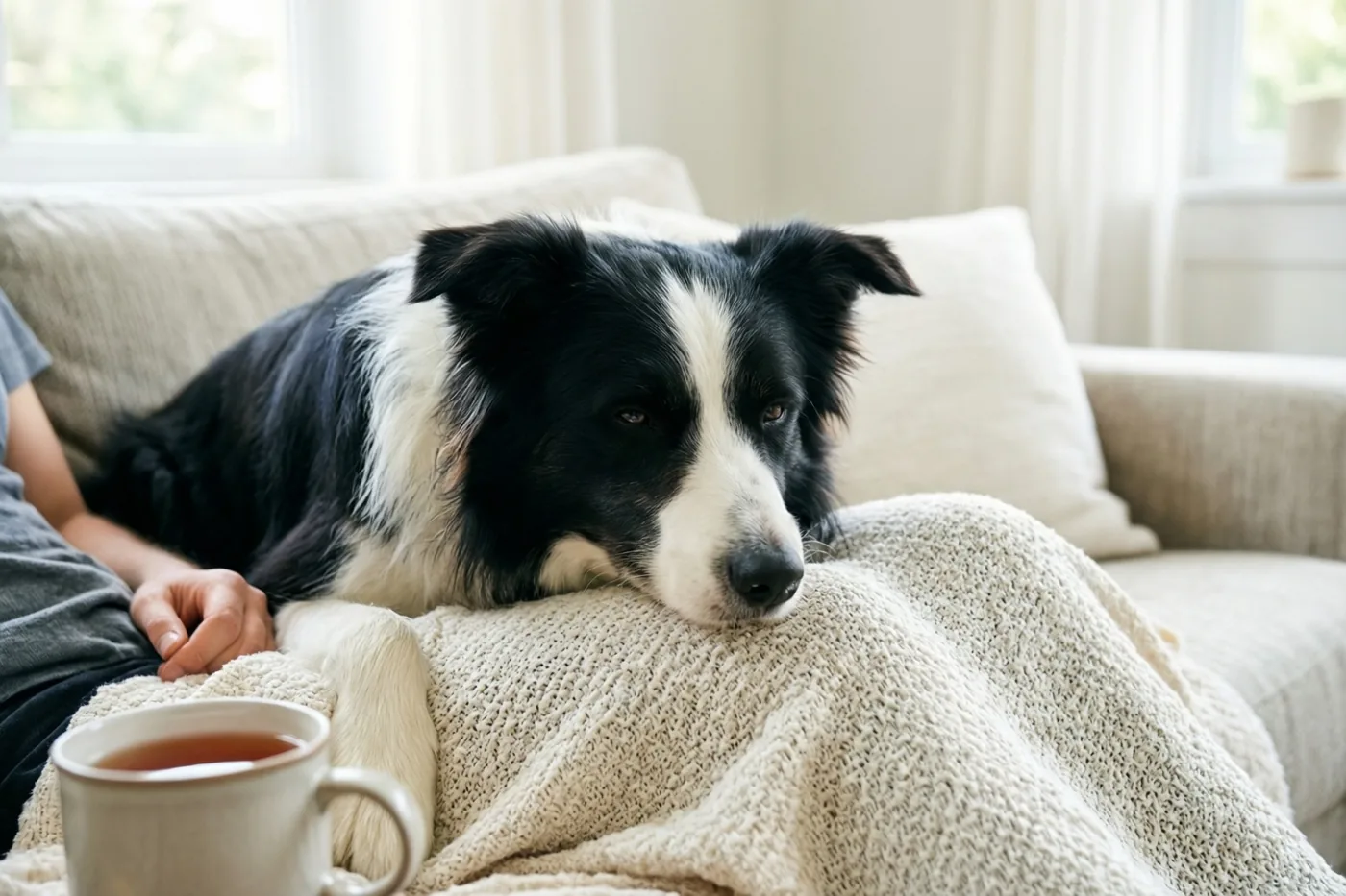 Een zwart-witte bordercollie legt zijn kop op de knieën van een persoon onder een crèmekleurige gebreide deken op een lichtbeige zetel, in zacht daglicht.