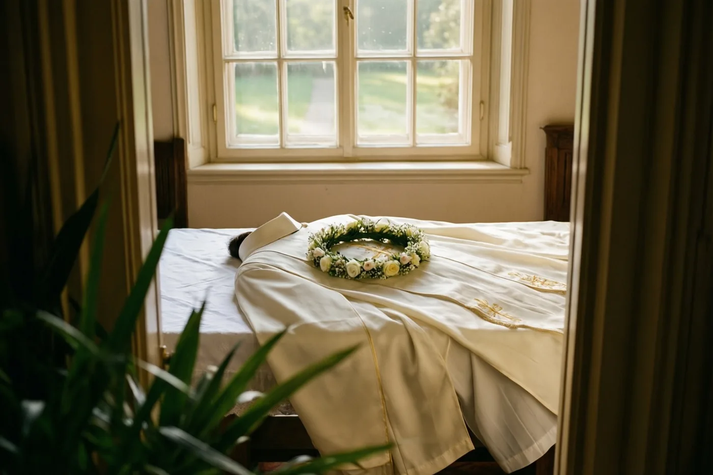 Een wit communiegewaad en een bloemenkroon liggen op wit linnen op een bed, met ochtendlicht door een raam, groene planten op de voorgrond en een tuinzicht buiten.