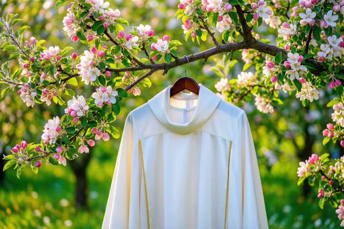 Een wit communiegewaad met een gouden boord hangt op een houten kleerhanger aan een bloeiende appelboom in een zonnige boomgaard met roze en witte bloemen.