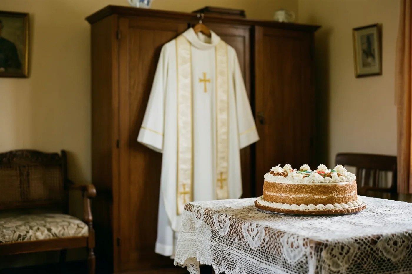 Een wit communiegewaad met gouden afwerking en een kruis hangt aan een houten kast in een voorkamer in jarenvijftigstijl, met een versierde taart op een tafel met een kanten kleed.