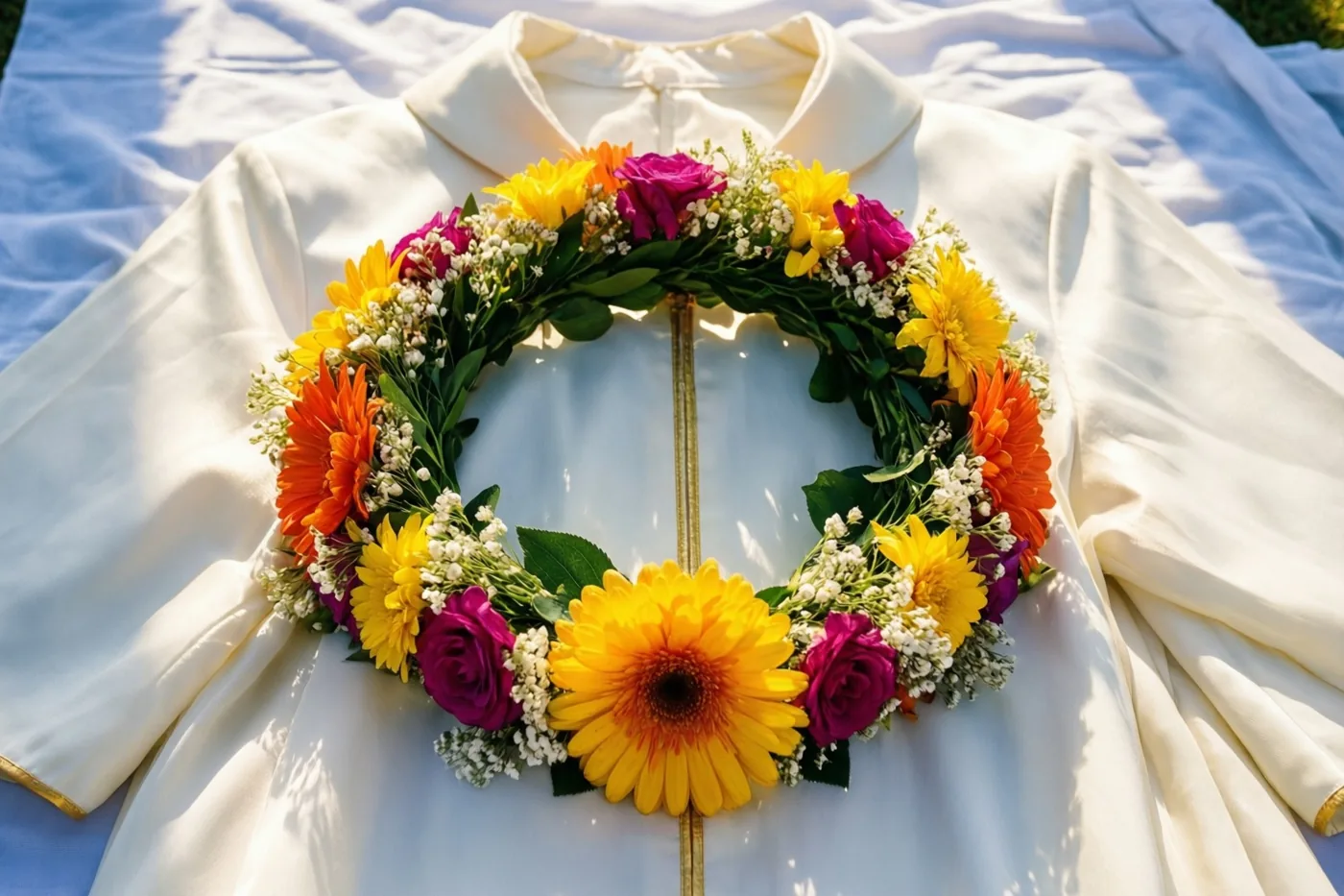 Een wit communiegewaad met gouden boord ligt op wit linnen met een bloemenkroon van gele, oranje en magentakleurige bloemen in zacht ochtendlicht.
