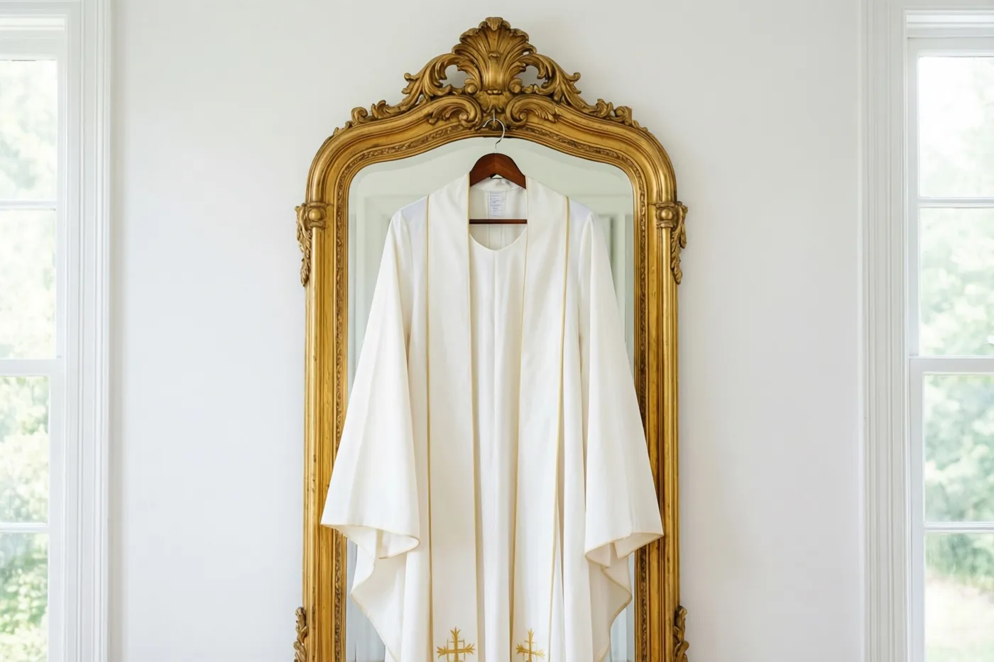 Een wit communiegewaad met gouden boord hangt aan een houten kleerhanger aan een sierlijke vergulde spiegel in een witte kamer met ramen aan weerszijden.